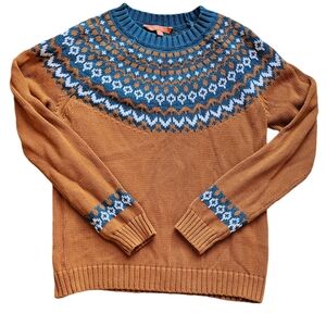 Modcloth Rust Orange & Blue Autumn Fair Isle 100% Cotton Sweater Women's  Medium
